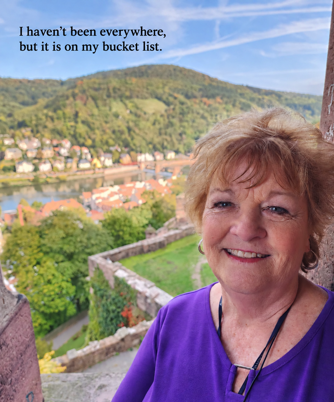 Sheri traveling with her bucket list message