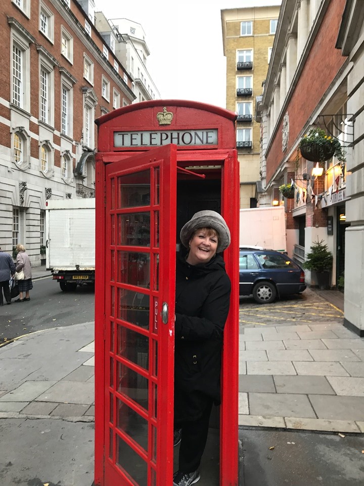 Sheri at a London telephone booth